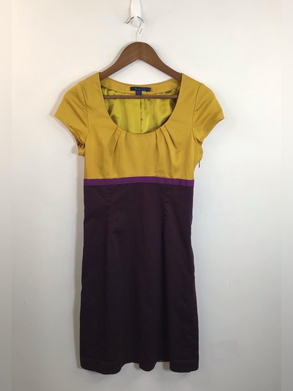 Boden Two-Tone Satin Scoop Neck Dress in Mustard and Plum